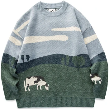 2023 Homens Vacas Vintage Inverno Quente Diário Pulôver De Tricô Masculino Coreano Modas S-Neck Sweater Mulheres Casual Harajuku Roupas