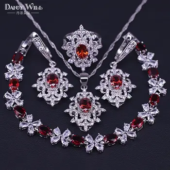 cor prata bijuterias conjunto de brincos-anéis-colar-Conjunto de pulseiras para mulheres garnet vermelho branco CZ moda jóias