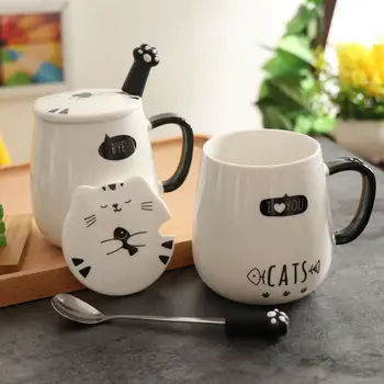 400ml Criativo gatinho canecas dos pares dos desenhos animados de Café canecas Exclusivas de cerâmica, copos de chá, canecas com tampa colher de leite copa do atacado