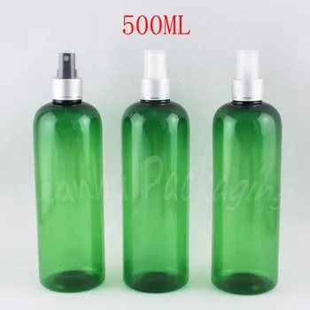 500ML Verde Rodada do Ombro Garrafa de Plástico Com Prata Bomba de Pulverização , de 500CC Maquiagem Sub-engarrafamento , Toner / Água de Embalagens de Garrafa