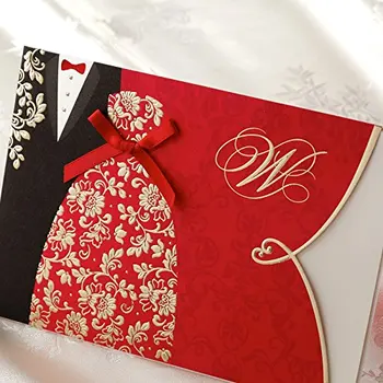 Wishmade Vermelho Convites de Casamento com o Kit de Noivos Vestido de Vermelho e de envelopes em Branco Insere Cartões ,Personalizável,100Pcs/monte