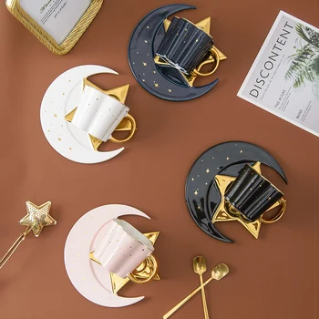 Nordic cerâmica xícara de café criativo ouro janela ornamento lidar com canecas estrela elegante-e-lua em forma de placa de pequeno-almoço canecas de leite