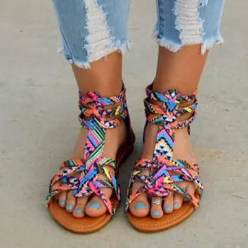 Mulheres De Verão Zíper Sandalias Da Moda De Roma Estilo Casual Sapatos De Senhoras Cruz Amarrado Banda Rasteirinha Gladiador Zip