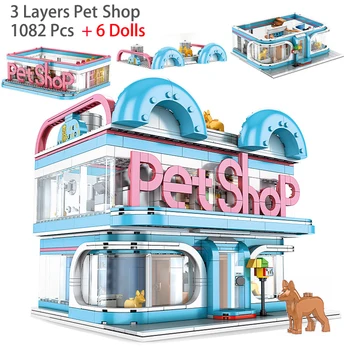 Três-camada de Pet Shop Construção de Blocos de Rua da Cidade de Vista Criativo Gato Cão Cuidados Loja DIY brinquedo Mini Tijolos Crianças Brinquedos para Crianças de Presente