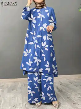 2022 ZANZEA Vintage Elegante Muçulmano Terno 2pcs O-Pescoço Longo da Luva Blusa E Grande Perna de Calça Boêmio Mulheres com estampa Floral e Treino