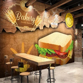 3D personalizado Grão de Madeira Pão, Pastelaria, Restaurante Ocidental, Papéis de parede Decoração Industrial Snack-Bar de plano de Fundo do Papel de Parede Mural