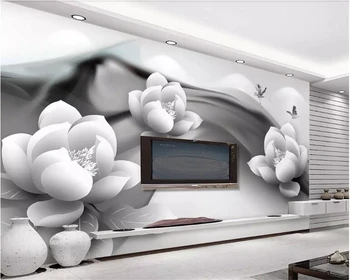 beibehang 3D Personalizado Mural de papel de Parede Preto e branco tinta lotus borboleta Hotel Cafe plano de Fundo de papel de parede para parede 3 d tapeta