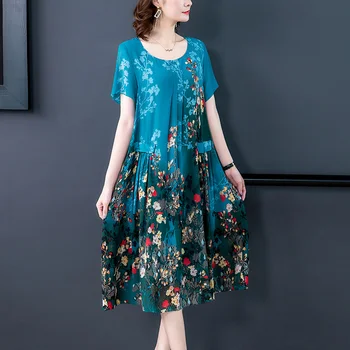 2021 Azul Chiffon Floral Vintage Midi Vestidos Elegantes Feminino 4XL Mais o Tamanho de Impressão Sundress Festa de Verão Bodycon Pista Vestidos