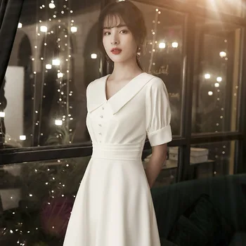 Mulher Longo de Uma linha-Prom Vestido de Festa Elegante Branca de Manga Curta, Vestidos de 2021 francês Vestido de Noite