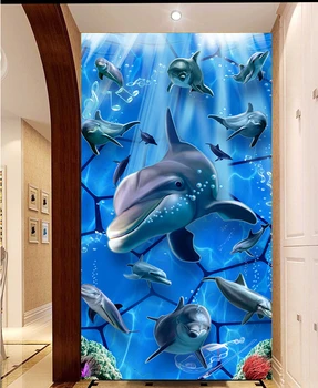O 3D personalizado murais,3 d mundo subaquático golfinho papel de parede,sofá da sala de TV de parede o papel de parede de quarto