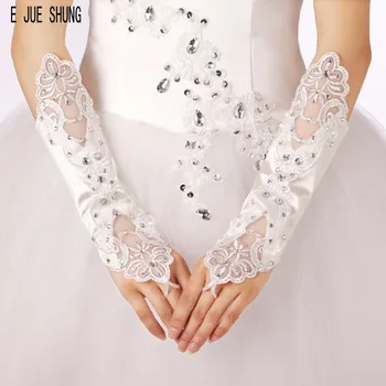 E JUE SHUNG de Luxo Luvas de Casamento Branco sem dedos Laço de Cetim de Noiva, Luvas de Cotovelo Comprimento do Vestido de Casamento de Acessórios Para Mulheres