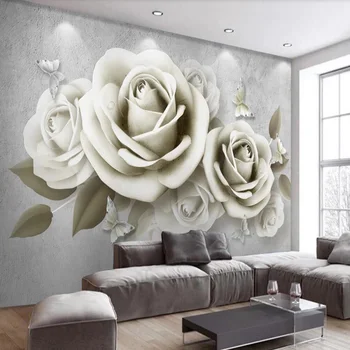 Baçal personalizados em 3D papel de parede mural moderno e minimalista relevo 3D estéreo de rosa branca de fundo, pintura de parede decorativo 5d papéis de parede