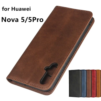 Estojo de couro para Huawei Nova 5 / Nova 5 Pro Flip caso do titular do cartão de Cinturão Magnético de atração Caso de Cobertura de Carteira de Caso