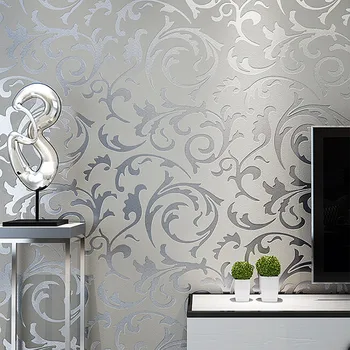 Cinza 3D Vitoriano de Damasco em Relevo Rolo de papel de Parede Decoração Sala Quarto Revestimentos de Parede Floral Prata de Luxo, Papel de Parede
