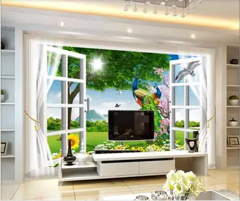 Personalizado mural na parede 3d papel de parede Janela de flores, grama pavão paisagem foto de fundo papel de parede na sala de estar