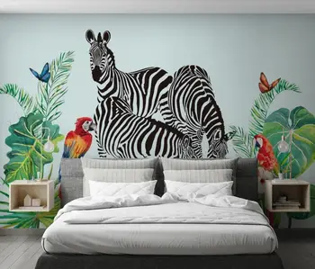 Baçal Personalizada foto mural de parede pintados em aquarela tropical plant zebra animal na parede do fundo 3d papel de parede