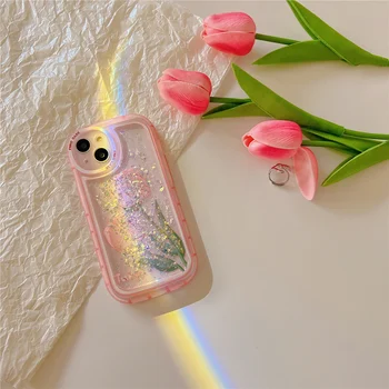 Glitter Líquido Dinâmico areia movediça caso de telefone para o iphone da Apple pro 13 x XR xs max 11 12 pro max Luxo cor-de-Rosa da flor do tulip Tampa