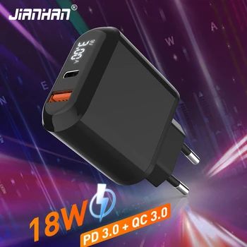 JianHan Carregador do USB da Porta Dupla USB C PD 18W QC3.0 Carga Rápida de Parede Adaptador de Plugue da UE para o iPhone 13 12 11 Pro Samsung Xiaomi Huawei
