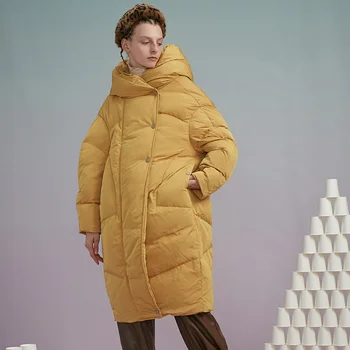 Moda das Mulheres de grandes dimensões Fofo para Baixo do Casaco Feminino de Inverno com Capuz Quente Permeável a Roupa de Cor Amarela Design Parkas F2470