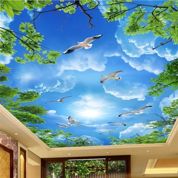 beibehang papel de Parede Personalizado Home pinturas Murais Decorativas, Estética Azul do Céu uma Nuvem Branca de Folha Verde Teto Zenith Mural 3d papel de parede