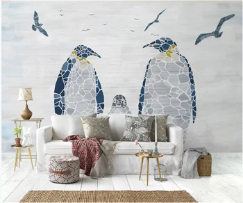 Nordic crianças da sala personalizada profissional fresco pequeno pássaro penguin pintados à mão, moderno e de fundo, pintura de parede papel de parede mural