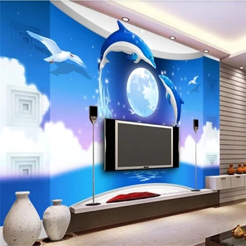 Decorativos, papel de parede 3D mar lua mundo de conto de fadas golfinho na parede do fundo
