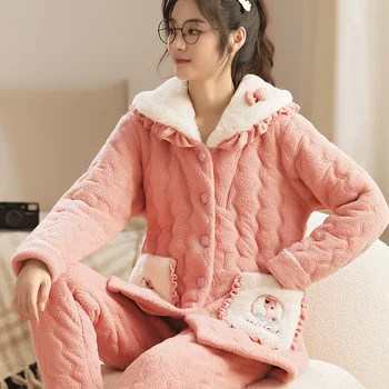 Três-camada Espessada de Inverno Coral de Lã Mais de Veludo Pijamas para Mulheres Acolchoado Quente Nova de Flanela Casa de Inverno Serviço de Dormir