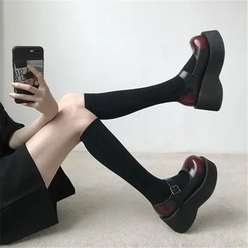 Plataforma de Gothic Lolita Sapatos Femininos Japoneses Jk Harajuku Mary Jane Saltos Altos Menina Doce Pu Escuro Loli Cos Aluno Sapatos femininos