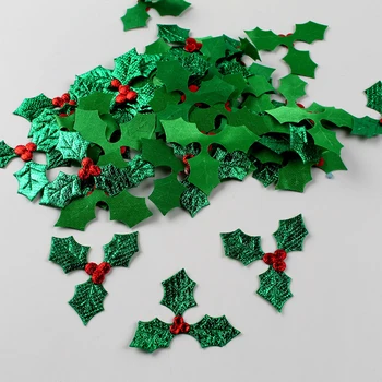 100Pcs Glitter Verde Holly Folha Applique para Decoração de Natal, Decoração de Mesa, Pau-Acessórios