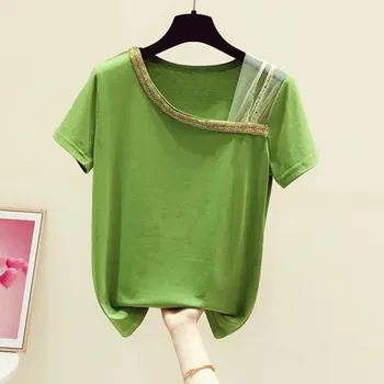 2022 Verão Novo Curta-Sleeve T-shirt das Mulheres Frisado T-shirts para Mulheres Sexy Off-Ombro Tshirt Topo da Mulher de Malha de Costura T-Shirt