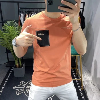 T-shirt masculina 2021 Verão Nova-coreano 95% Algodão em torno do Pescoço Bordado Personalidade de Gelo Seda de Lazer, Esportes camisa de Manga Curta