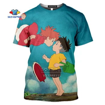 SONSPEE Anime Ponyo On The Cliff dos Homens T-shirt das Mulheres dos desenhos animados de Verão Casual Harajuku Camiseta Impressão 3D Hip Hop de Fitness Pano