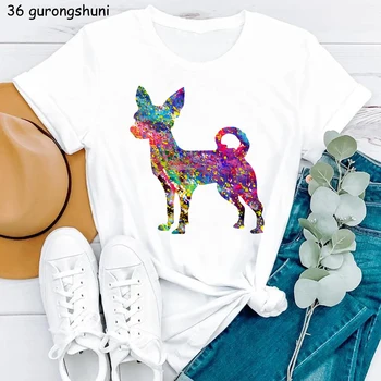 Engraçado Tshirt Mulheres Aquarela Chihuahua Cão de Animal Print T-Shirt Femme Harajuku Camisa de Verão Elegante T-Shirt Tops drop shipping