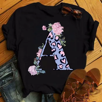 Moda das Mulheres T-shirt Personalizada Nome Combinação de letras cor-de-Rosa da Flor e o Leopardo, Letra tipo de Letra A B C D E Manga Curta Topos de Roupas