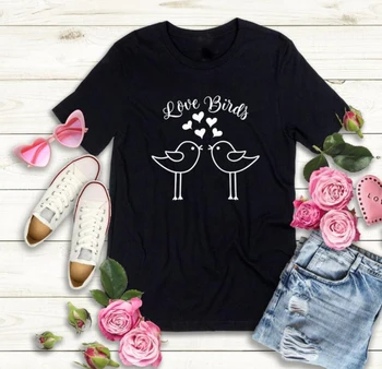 Mulheres Estética Grunge Tee Tops Dia dos Namorados T-shirt Pássaros do Amor Tshirt Bonito Dia de são Valentim Presentes Camisas
