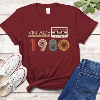 Vintage 1980 Edição Limitada de fita cassete Mulheres Gráfico T-Camisas Retro Feita Em 1980 43ª Festa de Aniversário Superior Mom Dom Feminino Tshirt
