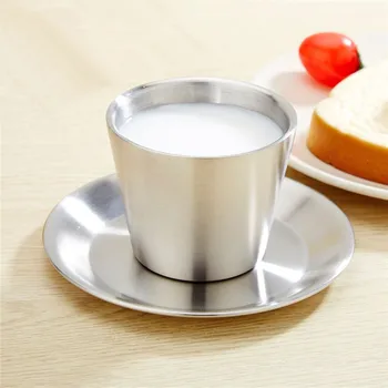 Aço Inoxidável de alta Qualidade Xícara de Café Prato Conjunto de 200ml de Parede Dupla com isolamento de Café de Chá de Leite em Caneca