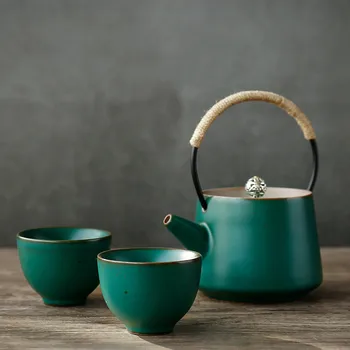 Conjunto de 3 peças de cerâmica de grés pote pote bule de cerâmica família puer pote de chá de kung fu conjunto de chá em copo d'água