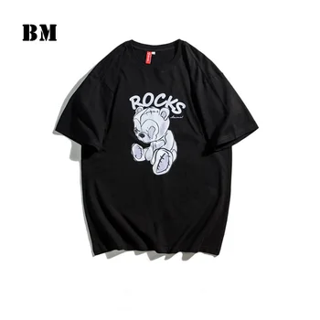 2021 Verão Japonês Streetwear Urso de Impressão de Manga Curta coreano Solta Hip Hop Par T-shirt Kpop Top Casual Homens Vestuário