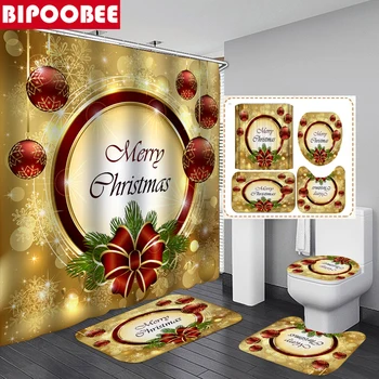 Feliz Natal casa de Banho Conjunto Lanterna de Ouro de Impressão Cortina de Chuveiro e Banheira de Tapetes de Banheiro Capa de Carpete, Tapete Decoração do Festival