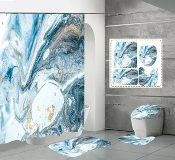 Mármore, Cortinas De Chuveiro Do Banheiro Decoração Azul Branco Impermeável Resumo De Tinta Paint De Luxo Lavável, Cortina, Tapete Higiênico Tapetes De Casa De Banho Conjuntos