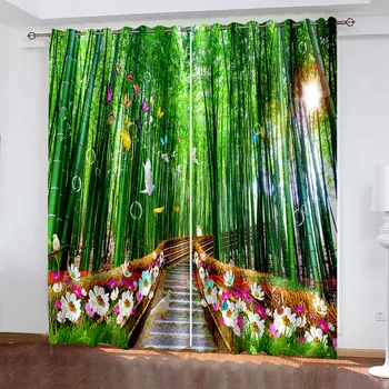 Novo bambu verde cortinas 3D Cortinas Para sala de estar, Cama de quarto de Hotel Home Office de Cortinas, Cortinas
