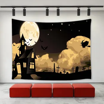 Feliz Véspera de Halloween Tema Bruxa Voando a Noite de Lua Castelo Morcegos Túmulo de Impressão Tapeçaria de Parede de Arte