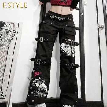 Gótico Curativo Streetwear Mulheres Baggy Jeans Estética Harajuku Y2K de Impressão Preto Denim, Calças de Academia da Altura da Cintura de Calças Cargo