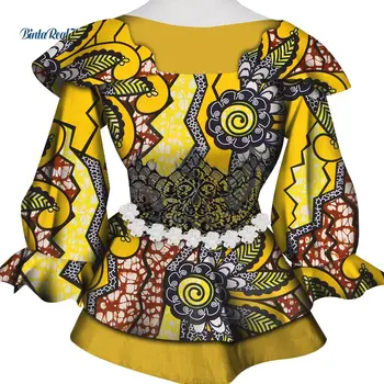 Moda Africana de Impressão Superior Shirts para Mulheres Bazin Riche Top de Manga Longa de Algodão-se Dashiki, Mulheres, Mulheres Africanas de Roupas Causal WY6850