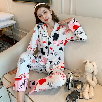 Nova Primavera do Pijama Conjunto de Mulheres Casaquinho de Algodão de Manga Longa Pijamas Mulheres coreano Solta Simples Vire para baixo de Gola Elegante Pjs Terno