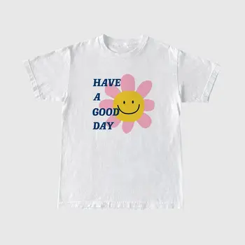 Tenha um Bom Dia Flor Impressão Femlae Gráfica Tees de Manga Curta de Algodão Solto Verão Positiva Tops Crewneck Casual T-shirt das Mulheres