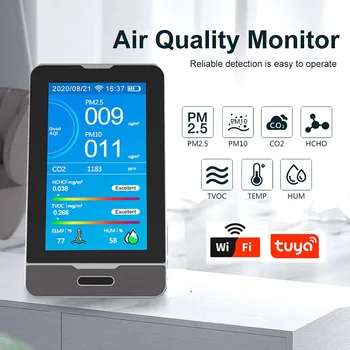 Tuya 10 Em 1 com wi-FI de Qualidade do Ar Detector de CO2 Testador de PM2.5 PM10 COVT HCHO AQI Formaldeído Monitor LCD Display Sensor Infravermelho