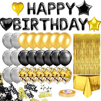 Ouro preto, festa de aniversário, decoração para homens e meninas. Feliz aniversário faixa de coração, estrela da folha de confete balão de festa