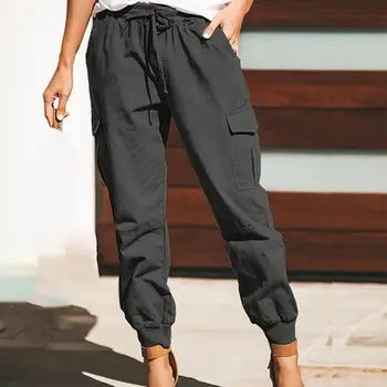 Moda Senhora Calça Com Elástico Na Cintura Com Cordão Reta Calças Cargo Elevado Aumento De Multi-Bolsos Mulheres Calças De Streetwear